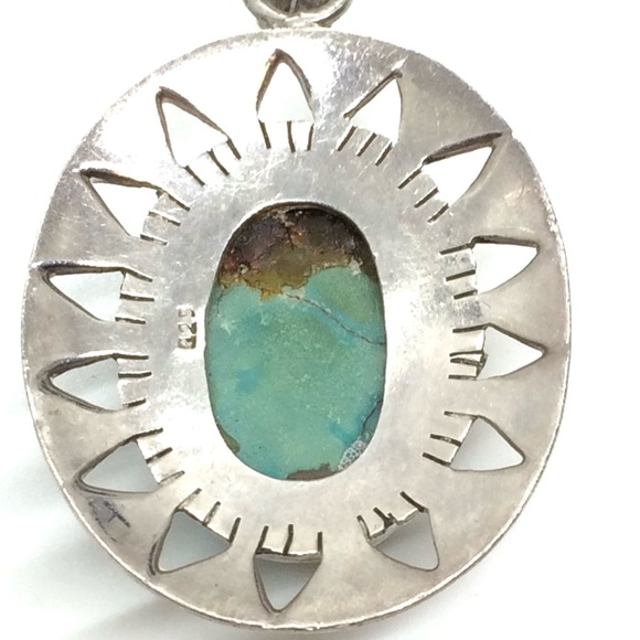 TURQUOISE STERLING SILVER PENDANT BOHO SOUTHWESTERN SUNBURST DESIGN 925 VINTAGE - Picture 9 of 14